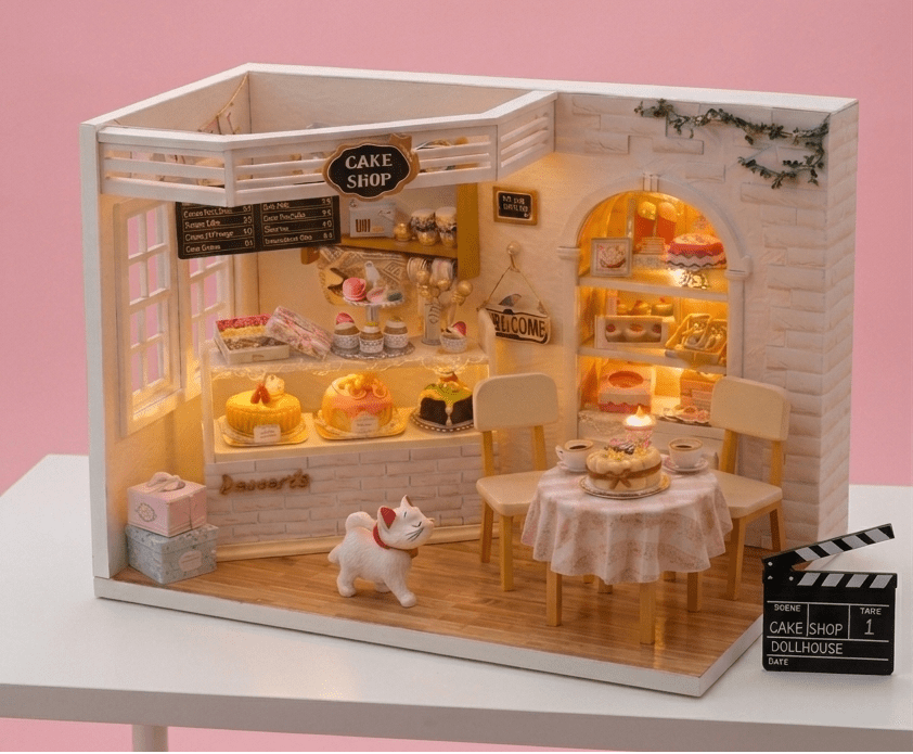 Miniature model of a cake shop DIY Miniature Dollhouse Kit β Cake Shop with Furniture & LED Lights